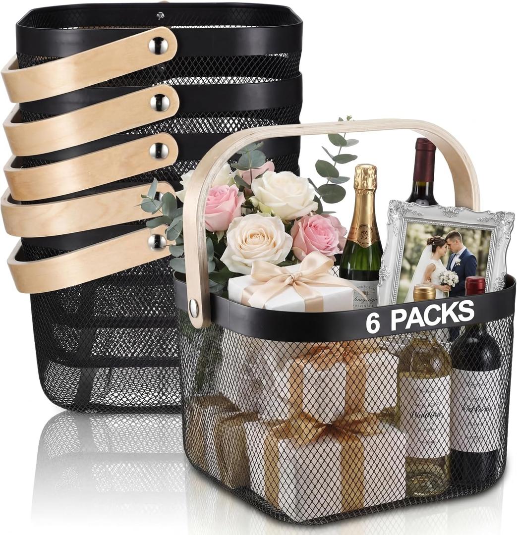 Roshtia Black Metal Mesh Basket with Wooden Handle, Square Wire Storage Basket for Pantry, Bathroom, Kitchen, Retail Display, Farmers Market Carry, 9.65 in