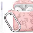 Case Cover for Airpods Case, Flower Engraved Protective Cases for Apple Airpod 2/1 Skin Covers with Keychain and Clean Kit for Women Girls, Pink Flower