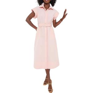 Womens Turn Down Collar Shirt Dress Short Wing Sleeve Button Down Dress Trench Coat Formal Elegant Dress With Belt(Pink-M) (Pink, M)