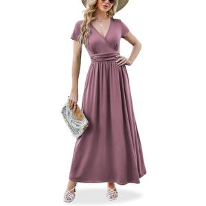 ANRILITA Maxi Dress for Women 2026 Wrap V Neck Short Sleeve Empire Waist Summer Casual Elegant Flowy Long Dresses with Pocket XL