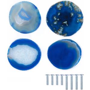 4Pcs/Set Natural Pattern Shape Agate Stone Cabinet Knobs Drawer Handles for Furniture Hardware Home Decoration with Screw (Blue)