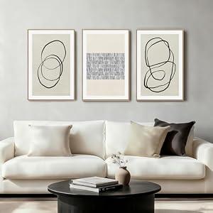 Abstract Boho Wall Art Set - Modern Boho Geometric Framed Canvas Prints, Neutral Mid-Century Graffiti Inspired Decorative Wall Decor for Living Room, Bedroom, Office - 16"x24"x3