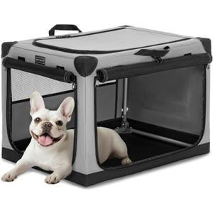 PETSFIT 26" Soft Portable Dog Crate Patented Spiral Sturdy Frame, Collapsible Travel Kennel for Small Dogs, 3 Mesh Door, Lockable Zippers, Indoor & Car Use Gray