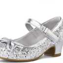 K KomForme Girl's Dress Shoes Mary Jane Glitter 1.5 in Low Heel Wedding Party Princess Shoes for Toddler/Little/Big Kids (Silver)
