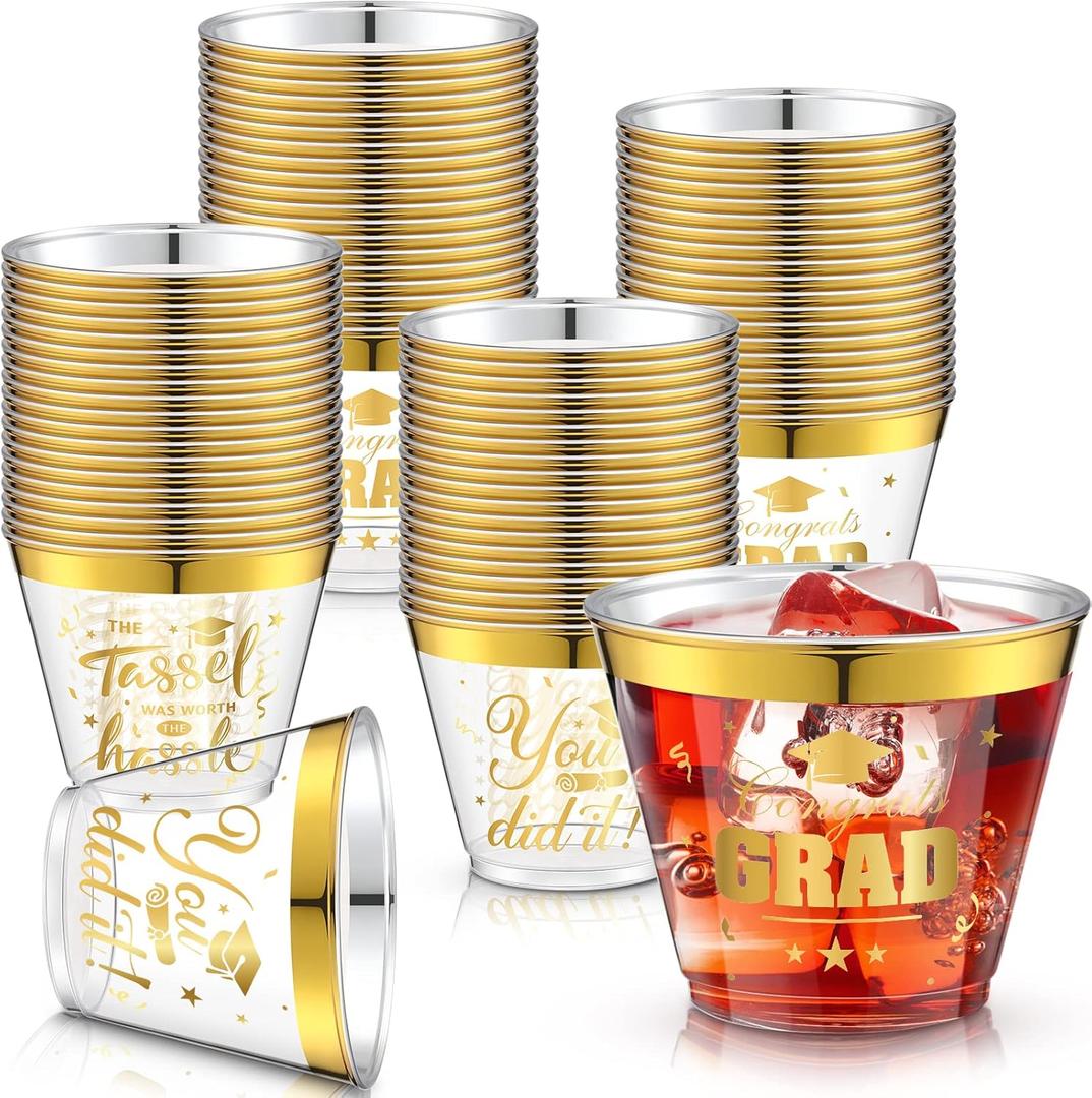 72 Pieces Graduation Cups 2025 9 oz Gold Plastic Cups Clear with Gold Foil Rim for Congrats Grad 2025 Graduation Party Decorations Supplies Tableware Decorations,3 Designs