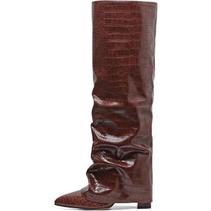SaraIris Women's Slouchy Knee High Boots - Black, Pointed Toe, Fold Over, Chunky, Shark Boots
