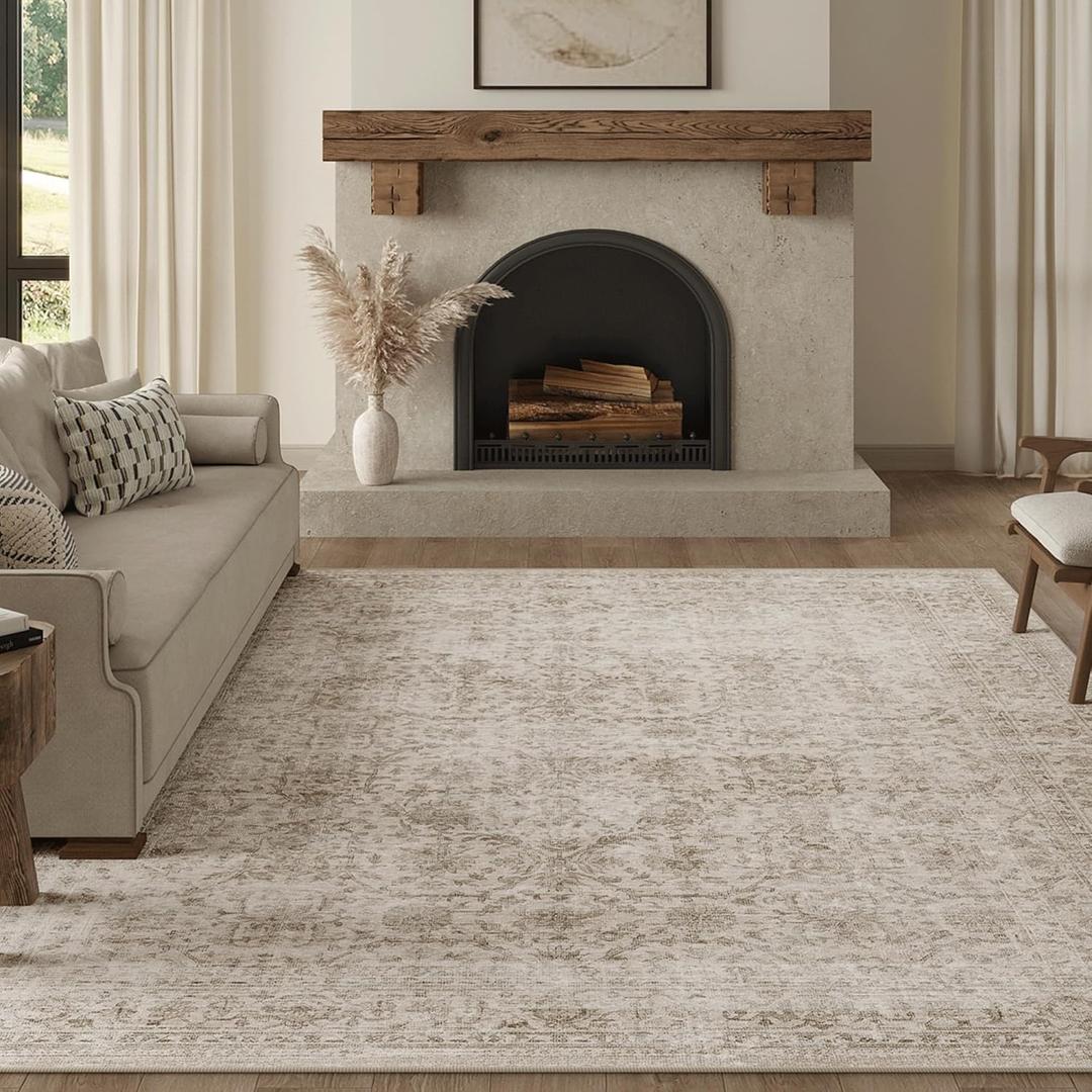 8x10 Washable Area Rug Beige Vintage Neutral Distressed Large Non Slip Carpet for Living Room Bedroom Soft Low Pile Indoor Mat Retro Floral Throw Rug for Dining Room Kitchen Office Nursery