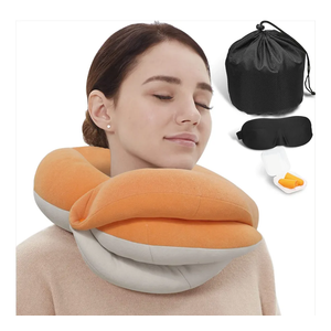 BUYUE Travel Neck Pillows for Airplanes, 360° Head Support Sleep for Long Flight, Skin-Friendly & Breathable, Kit with 3D Contoured Eye Mask, Earplugs and Storage Bag (Adult, Orange, 90+ lbs)