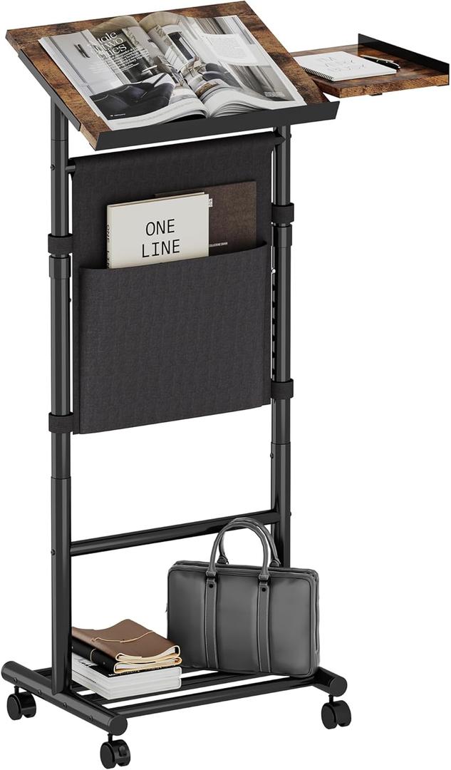 Homeiju Mobile Standing Desk Podium, Height Adjustable Rolling Lectern with 360 Wheels & Storage Bag