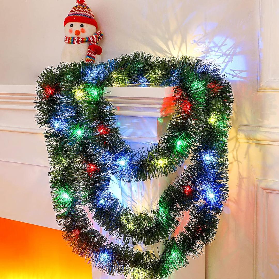 Kingdder 16.4 ft Christmas Tinsel Garland Lighted Metallic Twist Tree Decoration Prelit Battery Operated 50 LED Hanging Garland for Xmas New Year Home Outdoor Decor(Multicolor, Green)