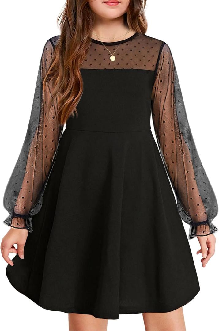 Arshiner Girl's Contrast Mesh Puff Long Sleeve High Waist A Line Short Dress with Pockets for 6-13 Years (Black)