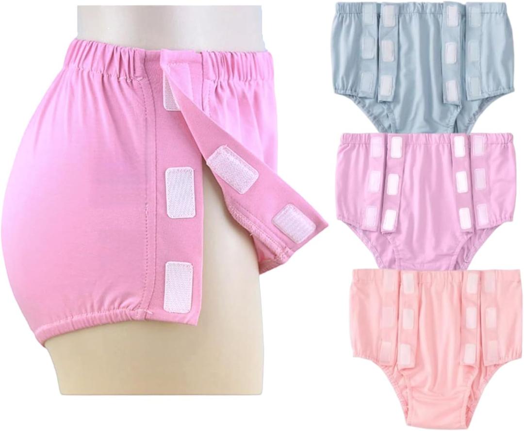 Tear Away Underwear for Women, Reusable Post Surgery Briefs, Disabled Adaptive Stick-On Underwear for Easy Dressing Changing (Pink/Purple/Blue, Medium)