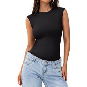 PINKMSTYLE Womens Crew Neck Sleeveless Bodysuit Double Lined Stretchy Fitted Basic Thong Body suit Tank Tops (XX-Large, Black)