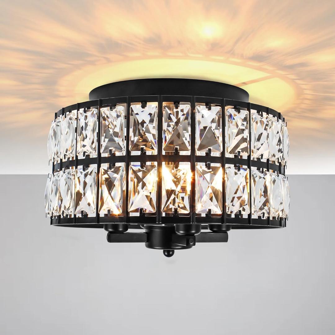 Black Crystal Flush Mount Ceiling Light, 4 Lights Black Dining Room Light Fixtures with E12 Base, Modern Close to Ceiling Light Fixture for Bathroom, Hallway, Kitchen, Bedroom, Entryway