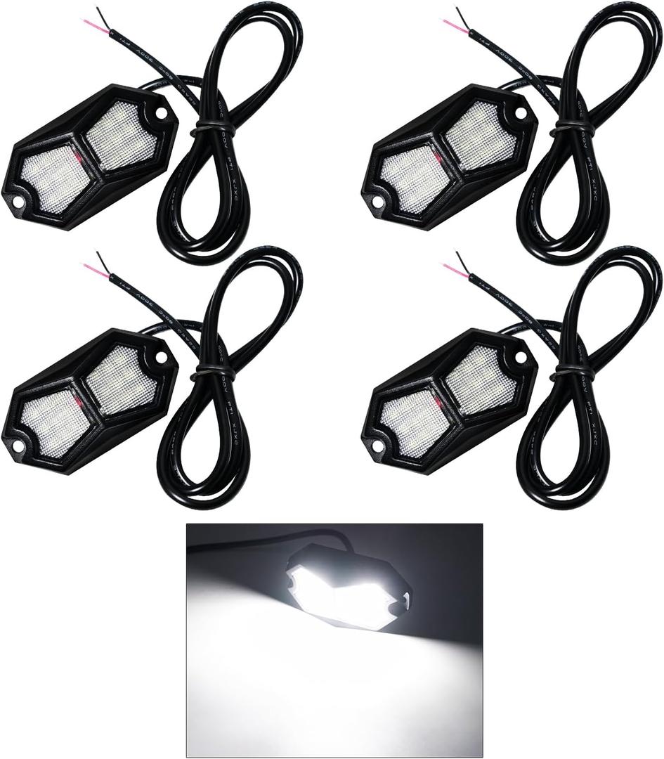 Led Rock Lights White 4 Pods 18LEDs 210 Degree Wide Angle IP68 Waterproof Aluminum Housing Underglow Underbody Lights 12v 24V for Truck UTV ATV Camper (4 Pods)