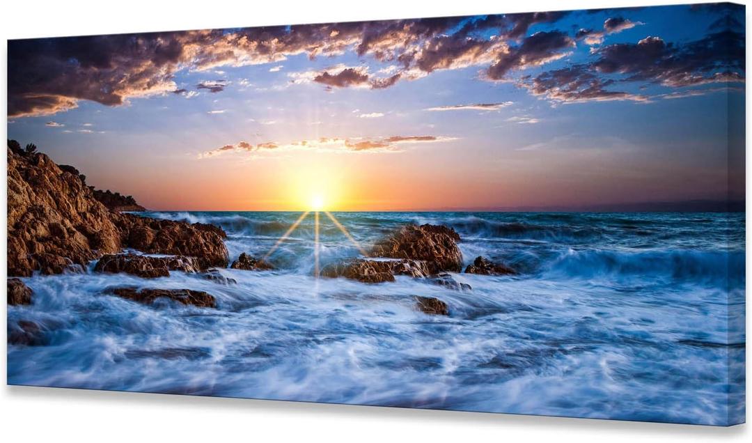 Muolunna S05862 Wall Art Decor Canvas Print Picture Sunset Blue Ocean 1 Panel Sea Waves Scenery Painting Artwork for Office Wall Decor Home Decoration Stretched and Framed Ready to Hang 24x48inch
