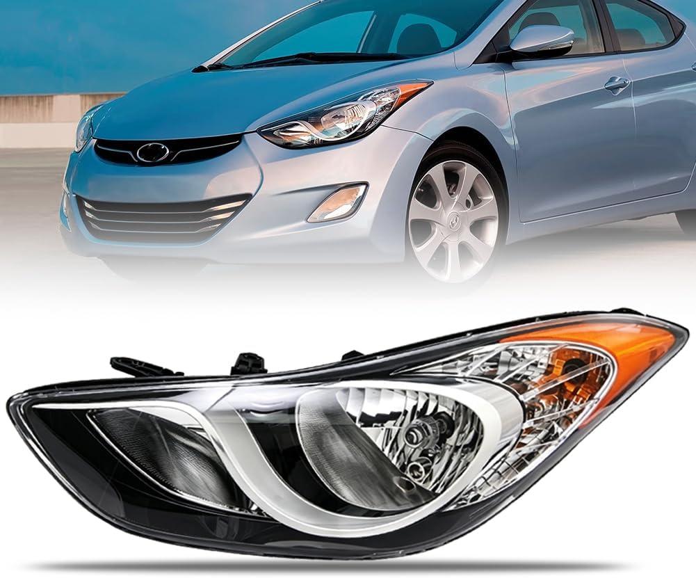 Headlight Assembly for Hyundai Elantra 2011 2012 2013, Driver Side Halogen Headlamp with Clear Lens Black Housing Amber Reflector (All Bulbs Included), 1 PC,92101-3y000 HY2503161