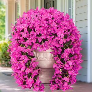 4Pcs UV Resistant Artificial Flowers for Outdoors, Realistic Faux Silk Bougainvillea Flowers, Fake Hanging Plants for Porch Patio Balcony Decoration (Purple)