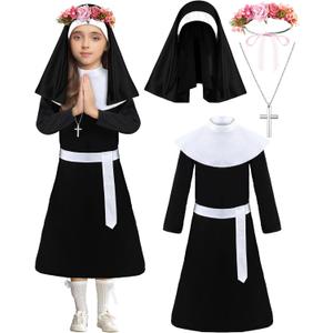 Maiteenly Halloween Nun Costume Set with Cross Necklace and Rose Wreath St Rose of Lima Halloween Nun Outfit for Girls, Size M