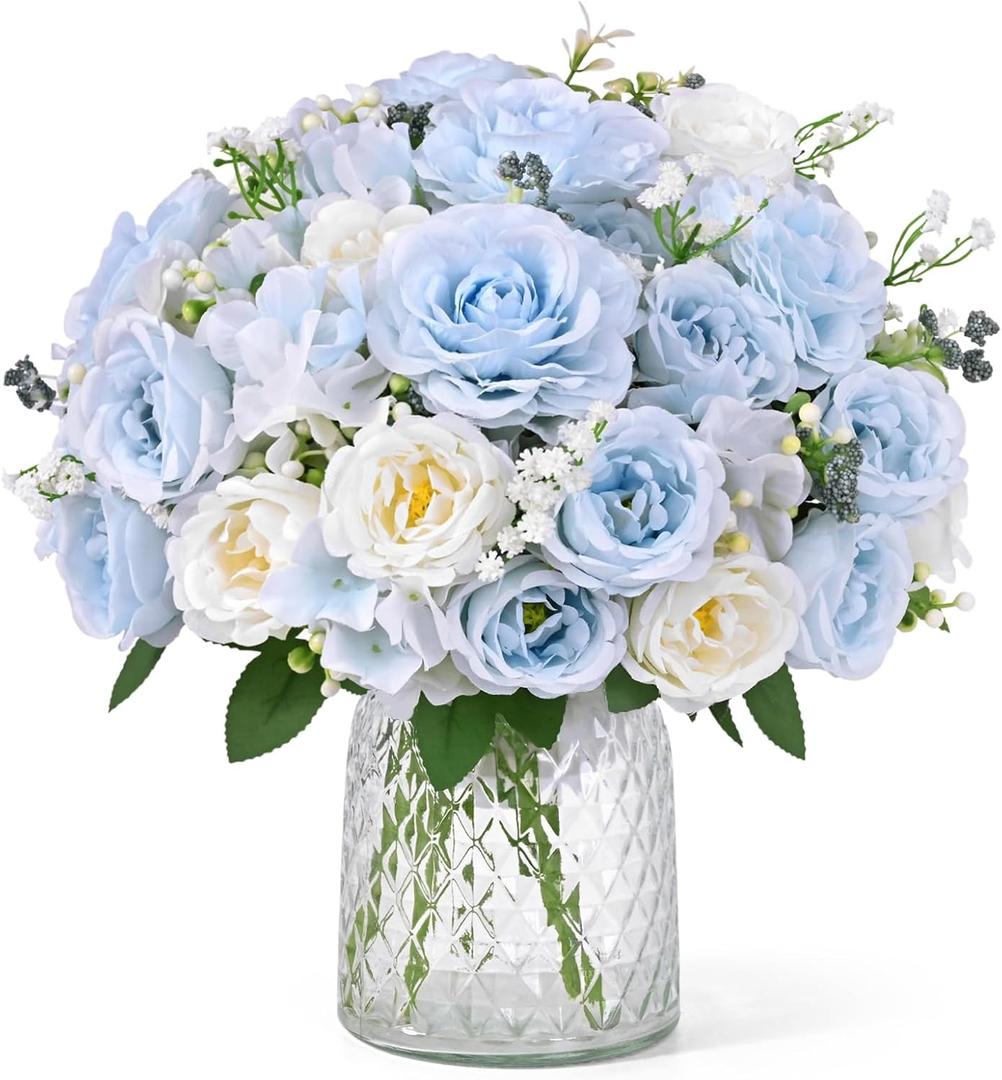 Yastouay 2 Bouquets Peonies Artificial Flowers, Mixed Light Blue & White Fake Peonies with Large Bloom, Silk Peony Flowers Faux Peony Bouquet for Wedding Centerpieces, Table, Vase & Home Decor