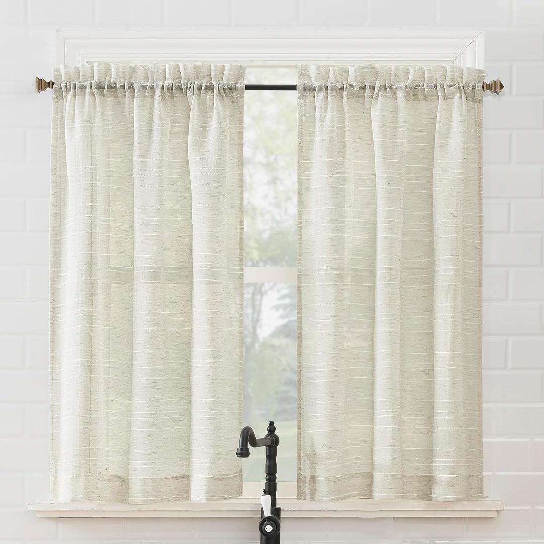 No. 918 Louette 2-Pack Slub Stripe Semi-Sheer Rod Pocket Kitchen Curtain Tier Pair, Linen, 54" W x 36" L (2 Panels)
