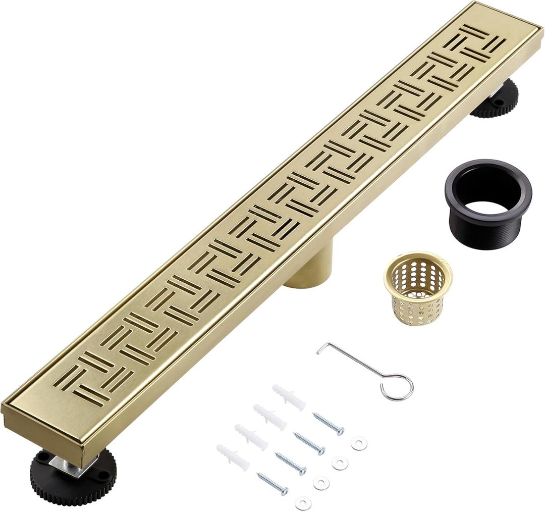 24 Inch Linear Shower Drain, Brushed Gold Shower Drain,Removable Grate, 304 Stainless Steel, Easy to Install and Clean for Bathrooms (Drain Base Not Included), LSD-14A-24G