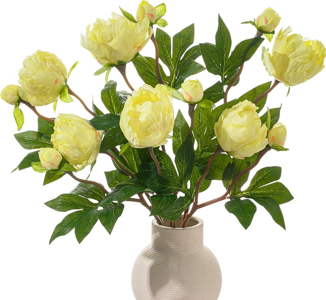 6 Pcs Yellow Artificial Peonies Flowers with Buds, 18.9" Silk Peony Bouquets Bulk for Home Decor Indoor, Lifelike Faux Peonies Stems for Wedding Table Centerpiece