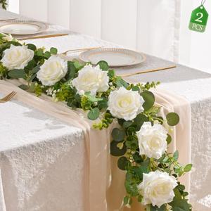 Livole 2Pcs 13 FT Artificial Flower Garlands Real Touch Fake Floral Silk White Rose Garland Hanging Vine for Wedding Table Centerpieces Party Arch Ceremony Garlands Backdrop Decor