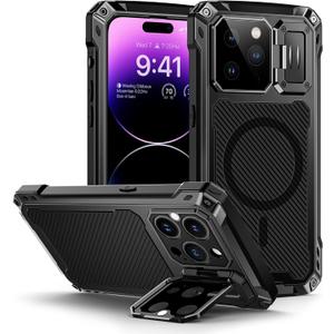 Lanhiem Magnetic for iPhone 14 Pro Max Metal Case, [Built-in Camera Kickstand & Glass Screen Protector] Heavy Duty Full Body Rugged Protective Military Magsafe Cover for iPhone 14 Pro Max 6.7" (Black)