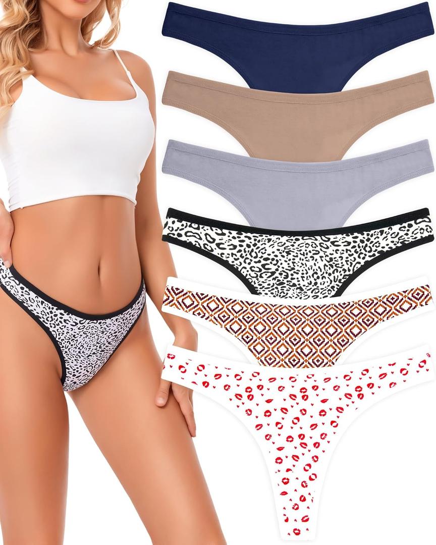 ANZERMIX Women's Breathable Cotton Thong Panties Pack of 6 (Medium, 6pk Naughty Pattern)