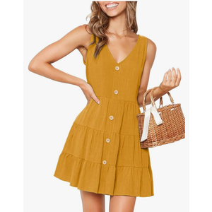 MITILLY Women's Casual T-Shirt Dresses Sleeveless V Neck Button Down A Line Loose Swing Short Dress with Pockets, XL