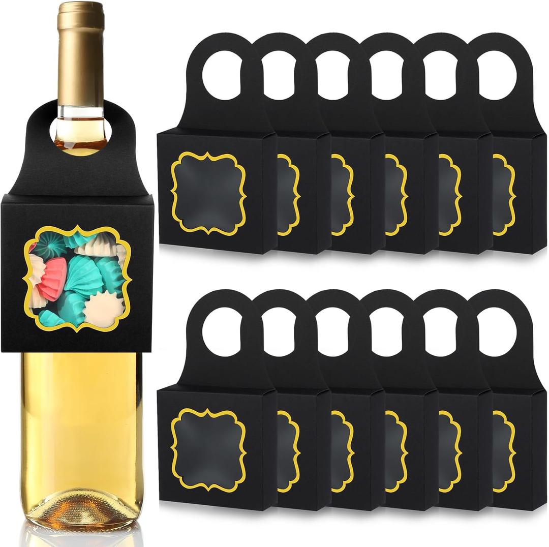 Megitzuu 40PCS Fathers Day Wine Bottle Box with Window, Kraft Paper DAD Gifts Hanging Treat Mini Charcuterie Boxes Hanger Candy Box for Party (Black)