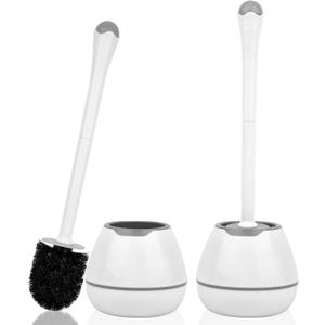 Toilet Bowl Brush and Holder, 2 Pack with Long Handle, Plastic Holder Easy to Hide, Drip-Proof, Deep Cleaning (White)