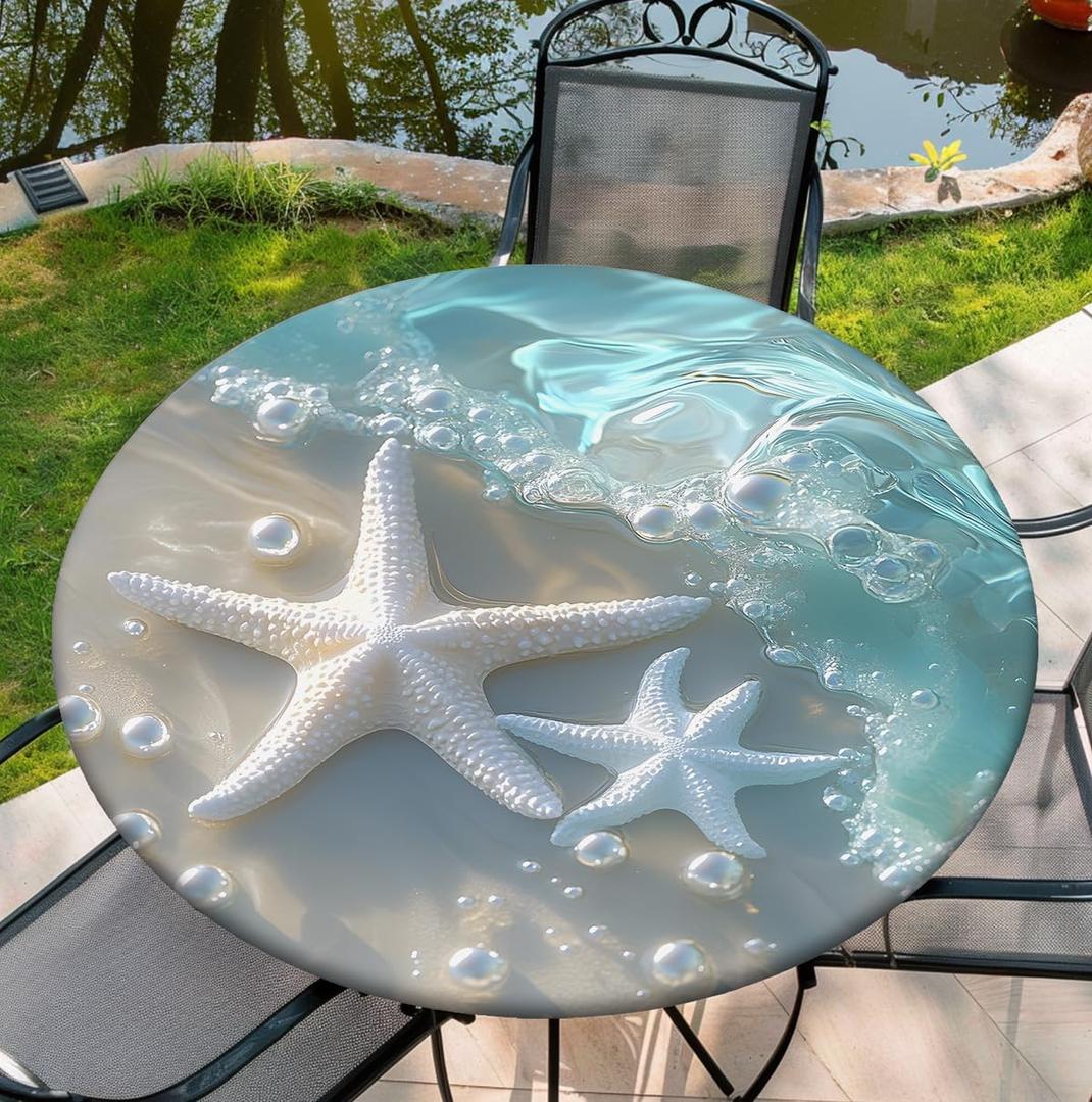 Round Fitted Tablecloth with Elastic 46"-50", Seastar Table Cover for Party Picnic Kitchen Dinner Decor, 52"