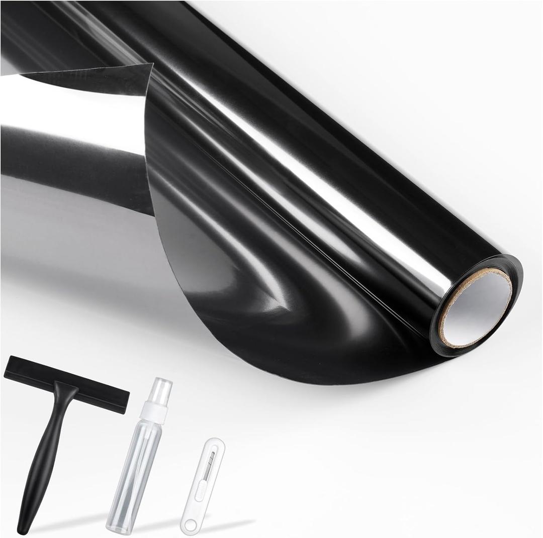 rabbitgoo One Way Window Privacy Film with Kit Window Tint for Home UV Heat Blocking Static Cling Sun Blocker Light Darkening Reflective Mirror Covering See Out Not in 17.5 in X 6.5 Feet Black Silver