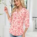 Rapbin 3/4 Length Sleeve Womens Tops 2025 Summer Fall Henley V Neck Button Down Tunic Shirts Casual Business Blouses (Medium, Beige Red Flower)
