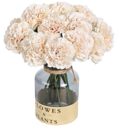 ICBOX Champagne Carnation Artificial Flowers 15pcs Fake Carnation Champagne Silk Flowers with Stems for Home Decor Wedding Bridal Bouquet Anniversary Birthday Floral Arrangements (Champagne