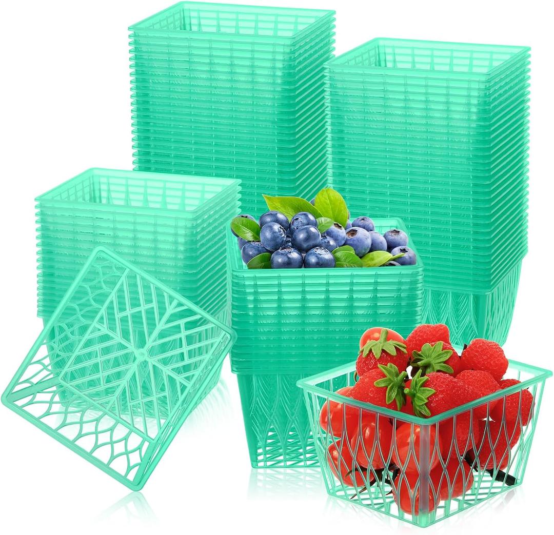 50 Pcs Pint Size Plastic Berry Baskets Boxes Green Strawberry Basket with Open Weave Pattern Box Container for Farmer Market Party Christmas Grocery Stores