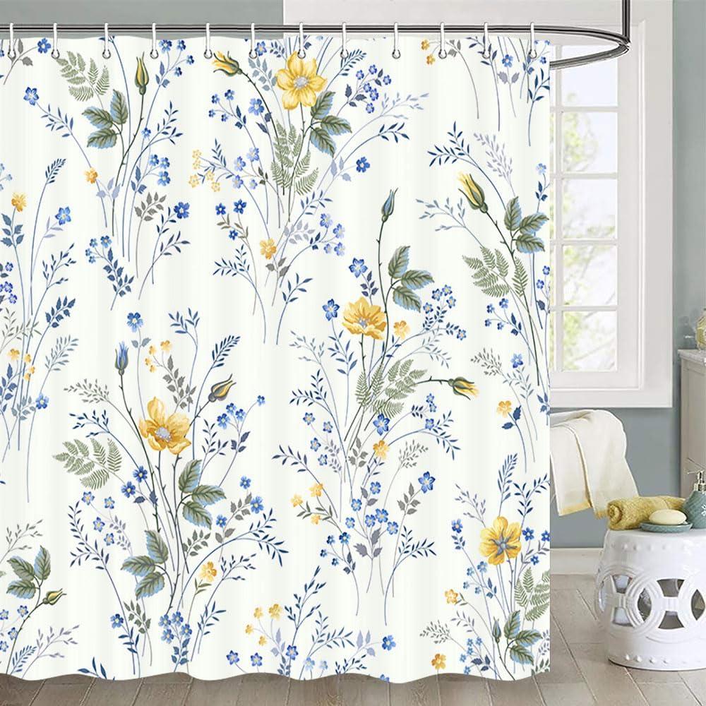 JAWO Country Wildflower Shower Curtain, Blue and Yellow Floral Green Leaf Plant on Beige Shower Curtain for Bathroom 72X72 inch Polyester Fabric Bathroom Decoration Bath Curtains Hooks Included
