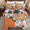 DJY Boho Floral Quilt Set Queen Size 3 Piece, Botanical Reversible Farmhouse Bedspread Coverlet White and Orange Floral Bedding Soft Microfiber Summer Quilt Bedding Set All Season (96''x90'')