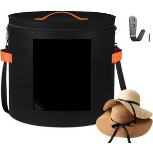kushon Oversized Hat Storage Box for Women & Men19" D x 17" H Cowboy Hat Boxes with 1 Wood Hook Felt travel Round Hat Organizer Box with Dustproof Lid (Black)