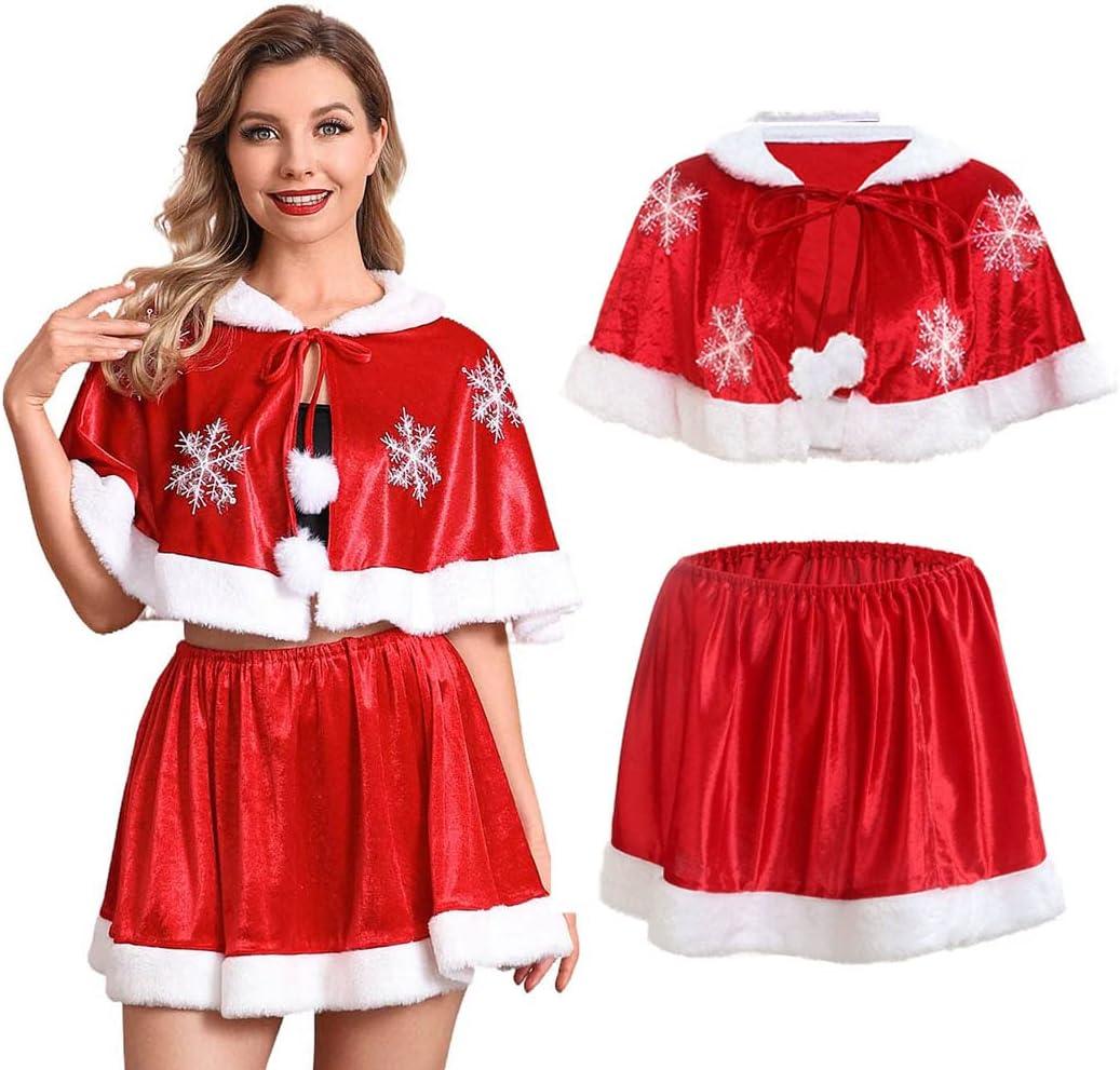 EVILD Christmas 2pc Fluffy Cloak Set Santa Claus Velvet Warm Cape Snowflake Party Skirt Xmas Costume for Women (Red)