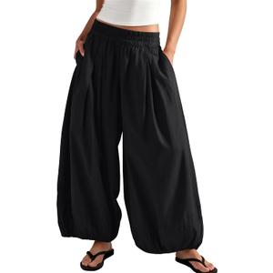 ReachMe Womens Elastic High Waist Wide Leg Barrel Pants Flowy Baggy Balloon Trousers Summer Beach Pants Vacation Outfits (Black, S)