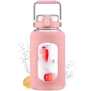 84oz Glass Water Bottle with Stainless Steel Handle,2.5L Gallon Water Bottle with 2-IN-1 Straw Lid, Silicone Sleeve and Motivational Capacity Marker, Wide Mouth Water Jug For Gym, Workout, Pink