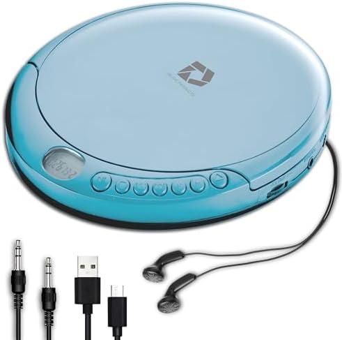 Deluxe Products CD Player Portable with 60 Second Anti Skip, Stereo Earbuds, Includes Aux in Cable and AC USB Power Cable for use at Home or in Car. Blue