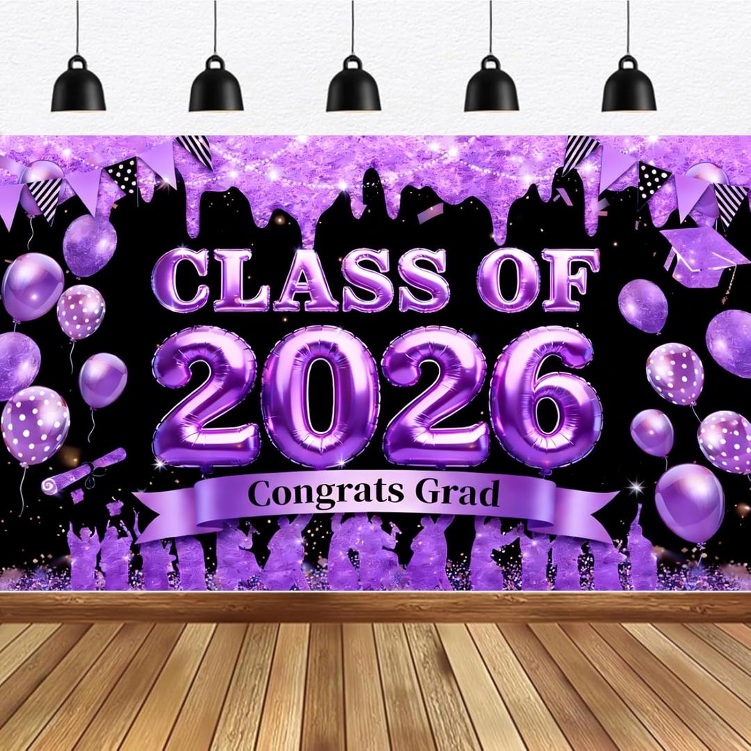 Graduation Decoration 2026 Banner Purple Black Congrats Class of 2026 Banner Large 2026 Graduation Backdrop for Indoor Outdoor 2026 Graduation Party Supplies 70.8x43.3 inch