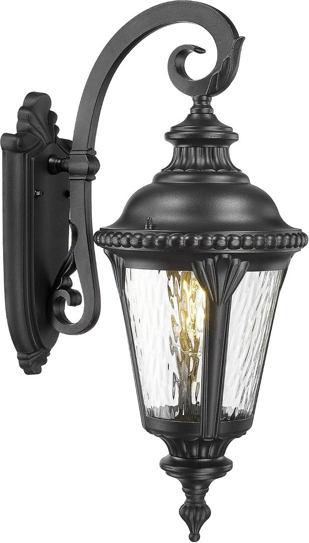 Emliviar 24.4" Classic Black Outside Porch Sconce Lighting, Water Ripple Glass Outdoor Light Fixture Wall Lamp for Hallway, E26 Base 60W Max, XE265B-M BK-SW