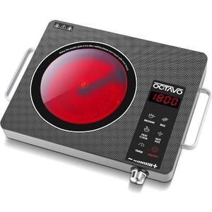 OCTAVO 1800 Watt Portable Infrared Burner, electric burner with 4 Hours Timer, Electric Hot Plate Touch Control Panel, Adjustable Heating Power, Glass Cooktop for Cooking (Black+Silver)