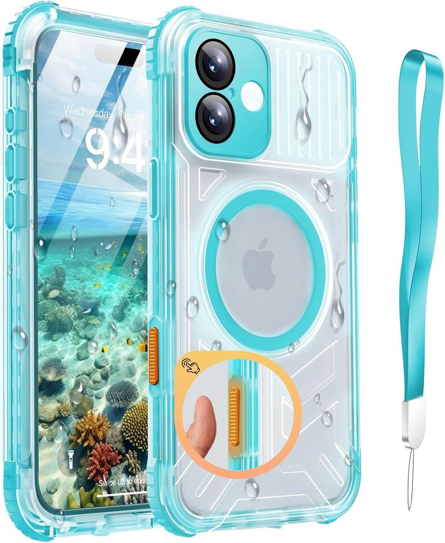 for iPhone 16 Plus Waterproof Case with Magsafe, Built in Camera Control [Screen Protector] [Lanyard], IP68 Military Full Body Shockproof, for Water Sports Outdoor Work, 6.7" Frosted Teal