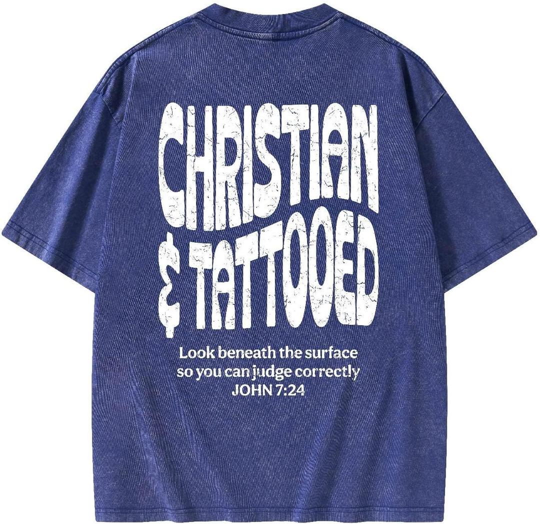Graphic Tees Summer Women Men Cotton Novelty Oversized Crew Verse in Bible Christian Washed T-Shirt (Blue, XL)